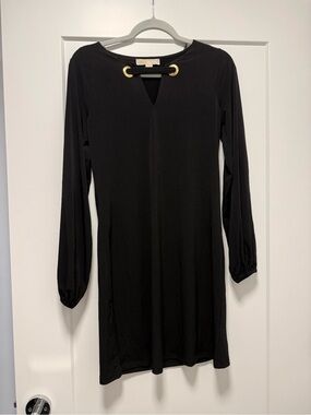 Michael Kors Black Long-Sleeve Shift Dress with Gold Eyelet Detail